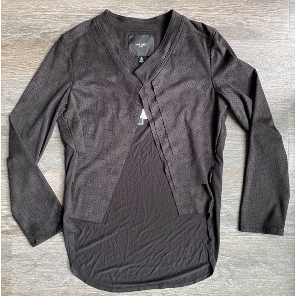 Nine West Faux Leather Blazer Women's Sz M Black Asymmetrical Perforated Boho - Picture 6 of 10